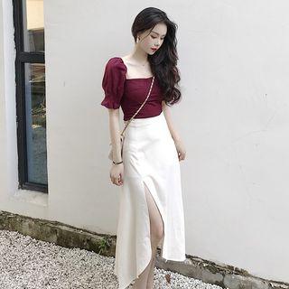 Short-sleeve Frill Trim Top / Slit A-line Midi Skirt