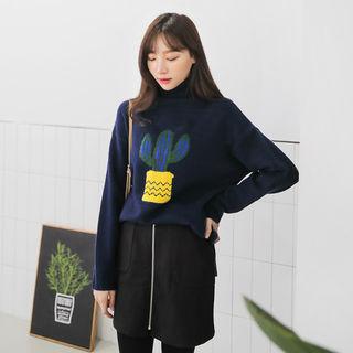 Turtle-neck Cactus Print Sweater