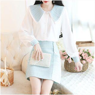 Set: Contrast Collared Pleated Shirt + Buttoned Skirt
