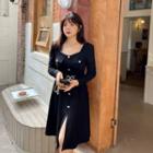 Long-sleeve Square-neck Button-up A-line Dress