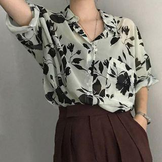 Flower Print Short-sleeve Blouse Light Green - One Size