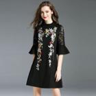 Elbow-sleeve Floral Embroidery A-line Mini Dress