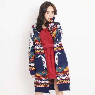 Open-front Print Long Cardigan