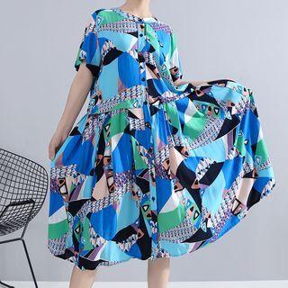 Short-sleeve Geometric Print Panel A-line Dress