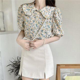 Puff-sleeve Peter Pan-collar Floral Shirt / Plain Side-slit Mini A-line Skirt