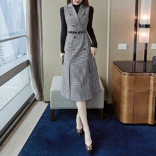 Mock-turtleneck Ribbed Knit Top / Double-breasted Houndstooth Pinafore Dress