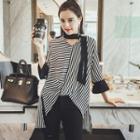Striped V-neck 3/4 Sleeve Chiffon Dip Back Shirt