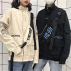 Set: Lettering Embroidered Zip Jacket + Sling Bag