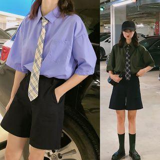 Elbow-sleeve Shirt With Plaid Tie / High-waist Shorts
