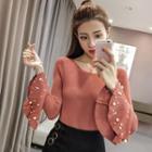 Bell-sleeve Faux Pearl Knit Top