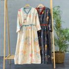 3/4-sleeve V-neck Floral Print Maxi A-line Dress