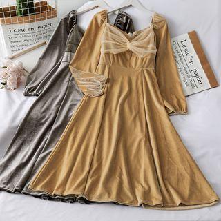 Mesh-panel Velvet A-line Dress