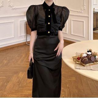 Short-sleeve Sheer Blouse / Spaghetti Strap Midi A-line Dress