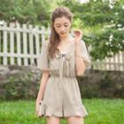 Short-sleeve Bow-accent Shirred Playsuit