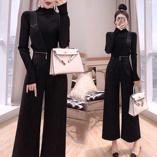 Set: Mock-neck Knit Top + Wide-leg Pants