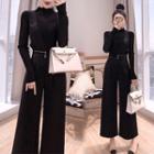 Set: Mock-neck Knit Top + Wide-leg Pants