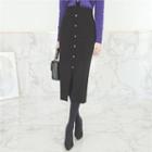 Button-trim Slit-front Knit Skirt