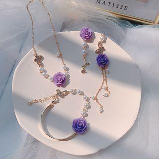 Faux Pearl Alloy Rose Bracelet / Necklace / Dangle Earring