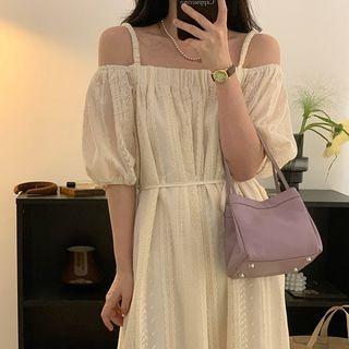 Short-sleeve Cold Shoulder Midi A-line Dress Off-white - One Size