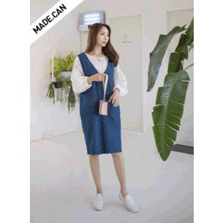 V-neck Pocket-detail Denim Jumper Dress