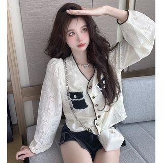 Contrasted V-neck Light Cardigan White - One Size
