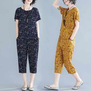 Set: Short-sleeve Floral Top + Floral Harem Pants