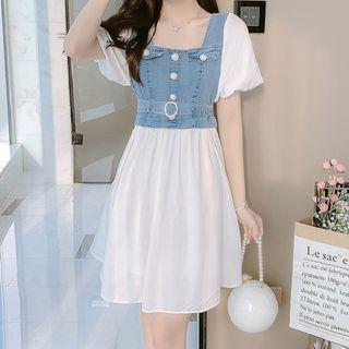 Short-sleeve Panel Mini Denim Dress