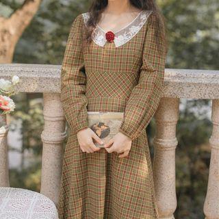 Long-sleeve Lace-panel Plaid Midi A-line Dress