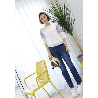 Lace-detail Stripe-sleeve Knit Top