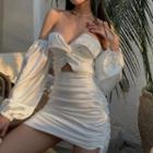 Long-sleeve Off-shoulder Twist-front Cutout Mini Bodycon Dress
