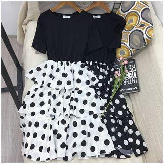 Short-sleeve Midi Dotted Layered Dress Black - One Size