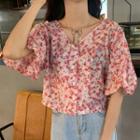 Puff-sleeve Drawstring Floral Top