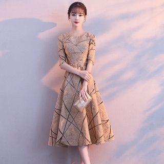 Elbow-sleeve Printed A-line Midi Cocktail Dress