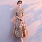 Elbow-sleeve Printed A-line Midi Cocktail Dress