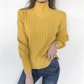 Mockneck Bishop-sleeve Rib Knit Top