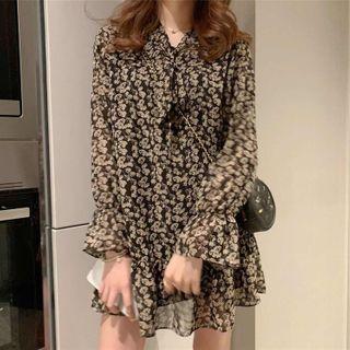 Bell-sleeve Tie Neck Floral Mini Dress