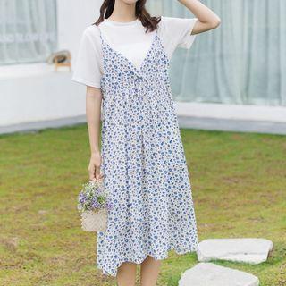 Short-sleeve Plain T-shirt / Spaghetti Strap Floral Chiffon Midi Dress / Set