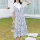Short-sleeve Plain T-shirt / Spaghetti Strap Floral Chiffon Midi Dress / Set