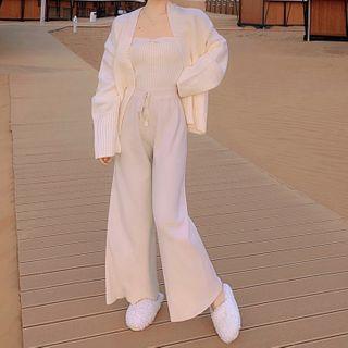 Plain Knit Cardigan / Knit Tube Top / Knit Wide-leg Pants