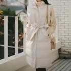 Stand-collar Belted Long Padded Vest Ivory - One Size