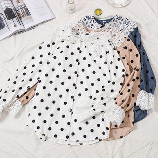 Lace Panel Dot Print Blouse