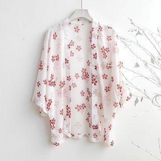 Flower Print Open Front Chiffon Jacket Flora - White - One Size