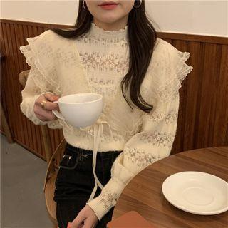 Lantern-sleeve Mock-neck Ruffled Lace Blouse Beige - One Size
