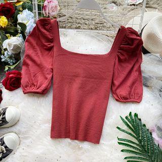 Short-sleeve Paneled Square-neck Knit Top