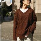 V-neck Distressed Cable Knit Sweater