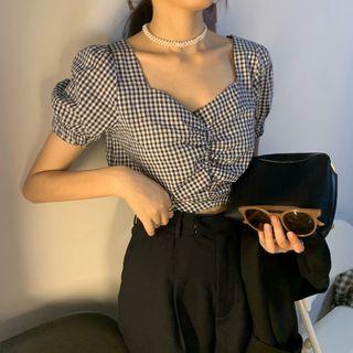 Plaid V-neck Short-sleeve Drawstring Top As Shown In Figure - One Size