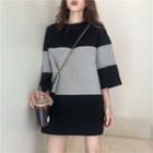 Color Panel 3/4-sleeve Mini Pullover Dress Black & Gray - One Size
