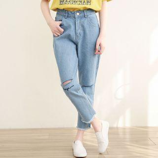 Ripped Lettering Embroidered Cropped Jeans
