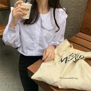 Collared Ruffle Plain Long-sleeve Shirt As Shown In Figure - One Size