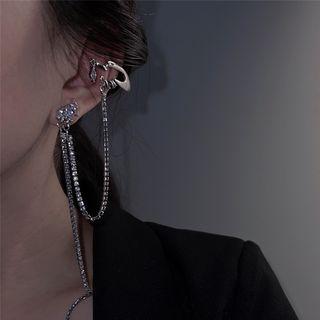 Rhinestone Asymmetrical Chained Alloy Cuff Earring 1 Pc - Silver - One Size